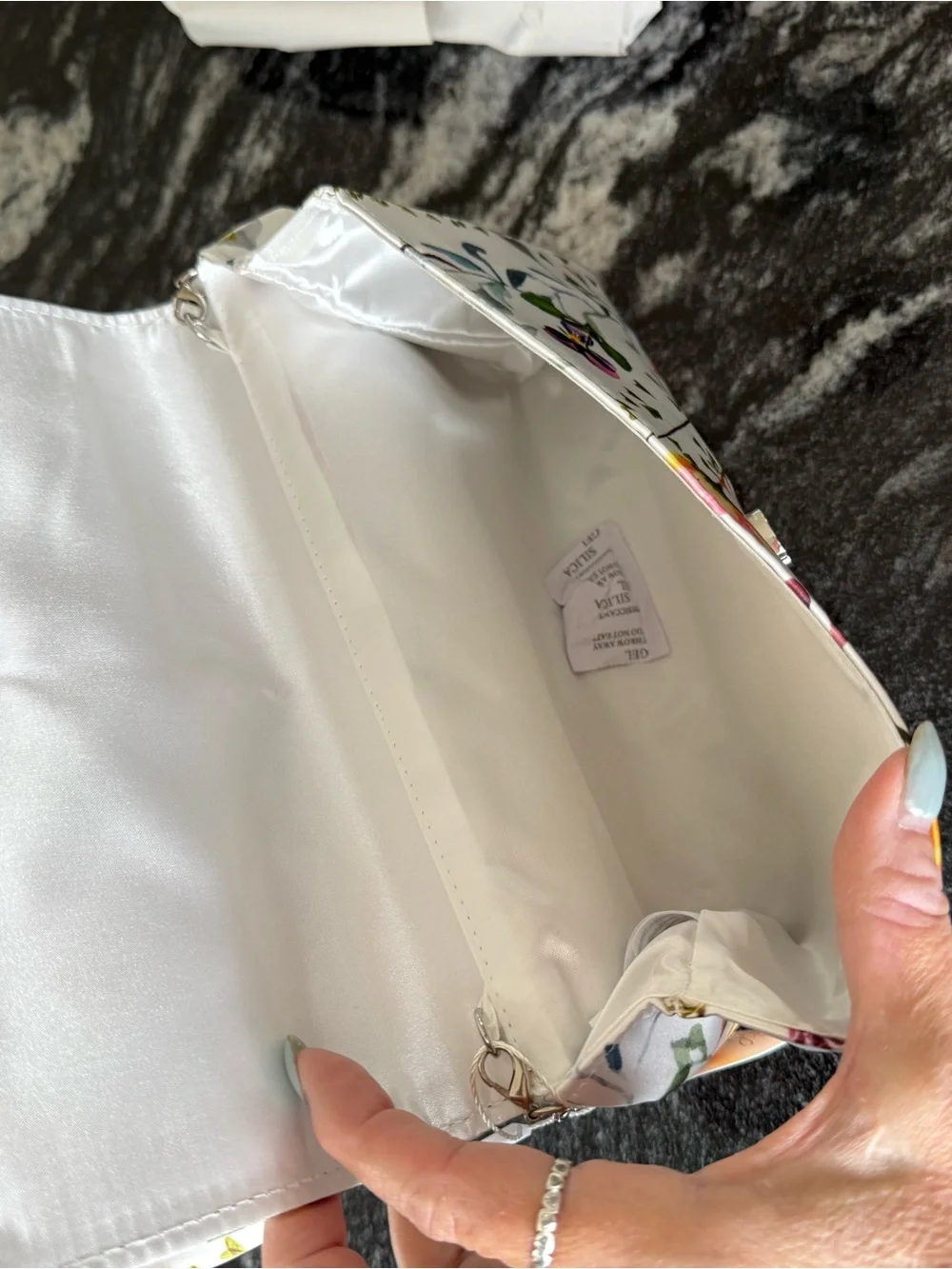 Jewel Badgley Mischa Floral Satin Bow Purse with White Background, NWT